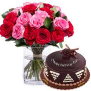 12-Red-&-Pink-Rose-Vase-with-Chocolate-Cake