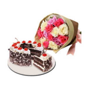 Black-Forest-Cake-with-12-Mixed-Roses-Bouquet