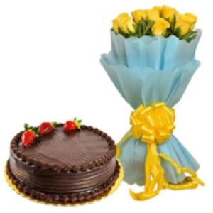 Chocolate-Cake-with-Yellow-Rose-Bouquet