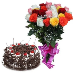 Mixed-Roses-bunch-with-Black-Forest-Cake