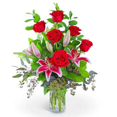 Red roses, stargazer lilies vase