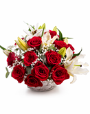 red roses and white lilies basket